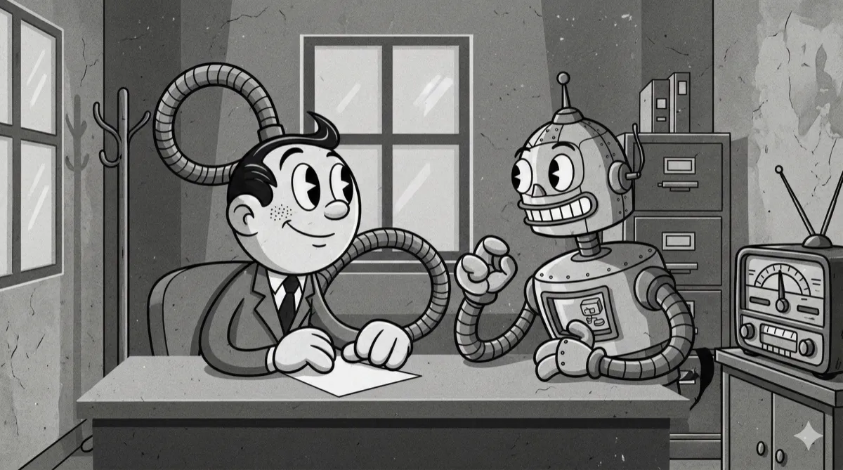A retro cartoon illustration of a person and robot collaborating at a desk, representing AI-assisted CV optimisation
