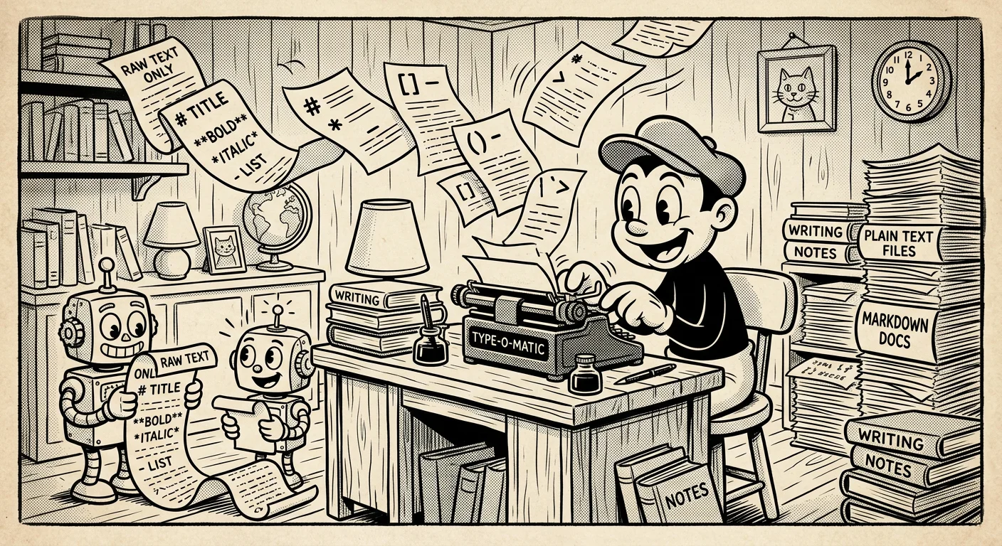 A cheerful cartoon character at a vintage typewriter surrounded by floating markdown pages and small robots reading from scrolls of plain text
