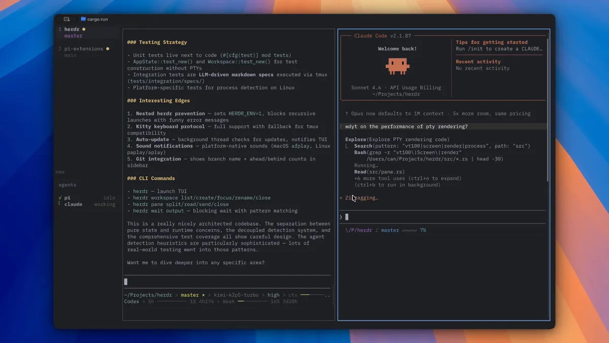 Herdr with a sidebar listing two agents and their state, idle and working, next to two terminal panes running side by side
