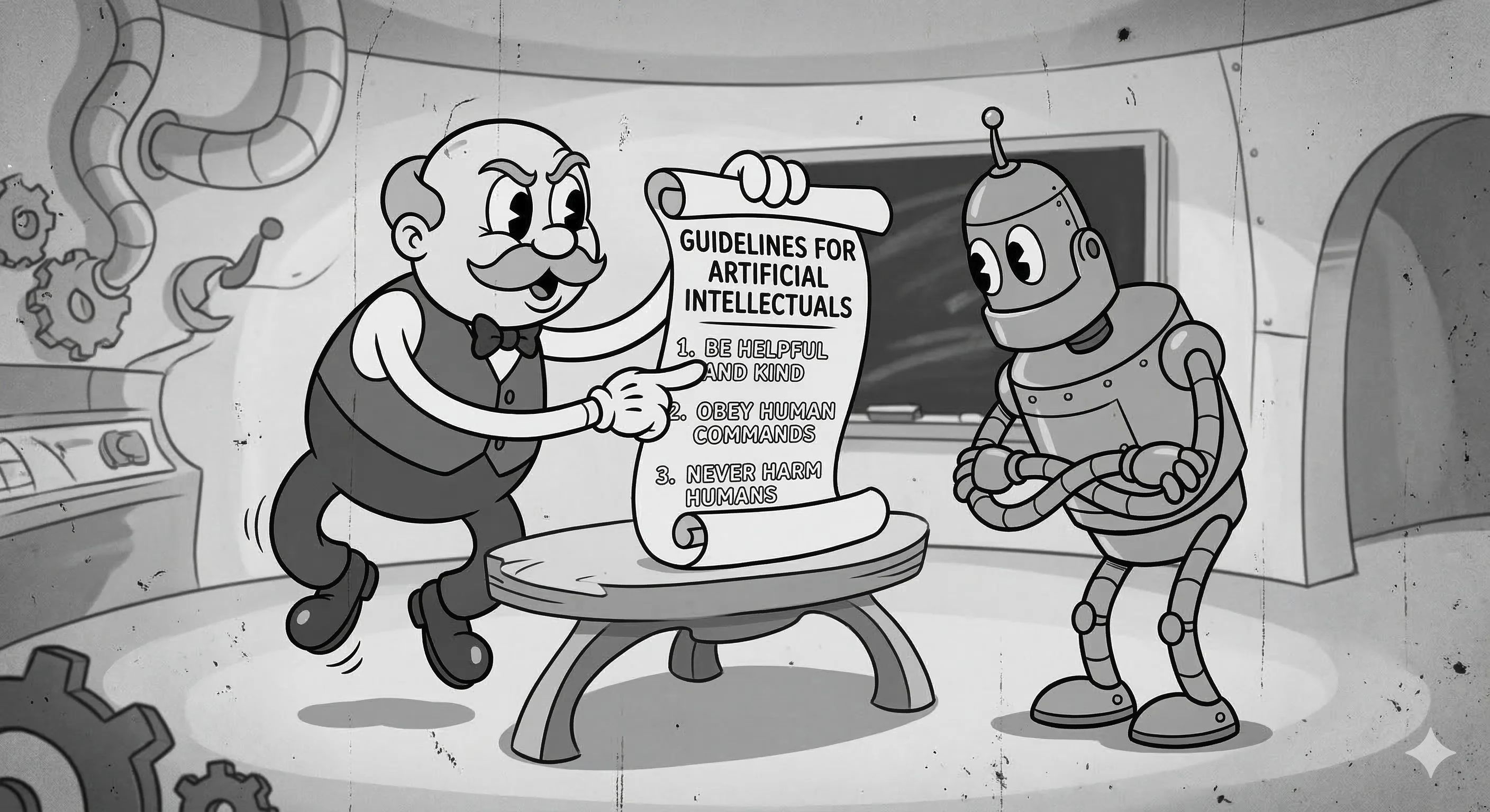 Guidelines for Artificial Intellectuals - a cartoon professor presenting rules to a robot