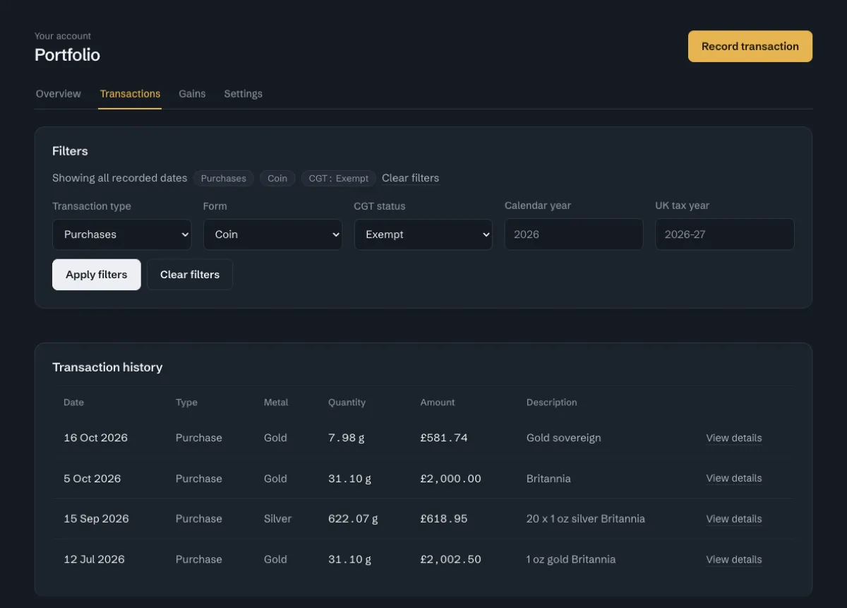 The Transactions tab filtered to purchases, in coin form, declared CGT exempt. Four demo purchases are listed: a gold sovereign, a 1 oz gold Britannia from October, 20 silver Britannias, and a 1 oz gold Britannia from July.