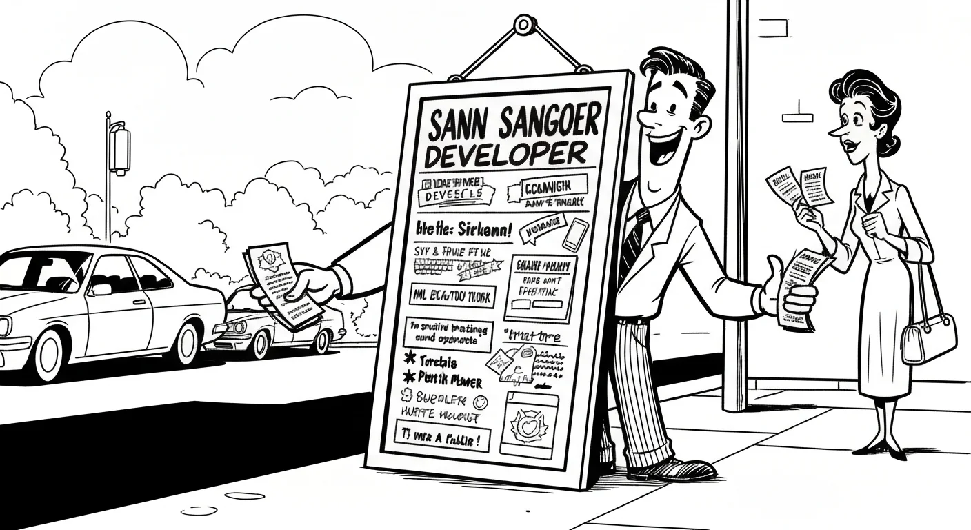 A retro cartoon software engineer presenting a giant pinned portfolio board to impressed employers in suits