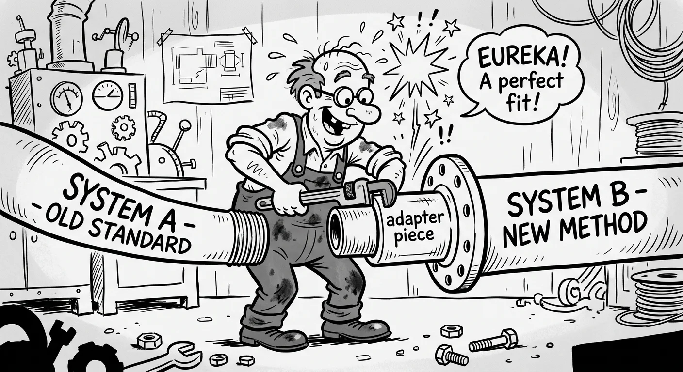 A cheerful cartoon inventor using a wrench to connect two mismatched pipe connectors with an adapter piece, sparks of excitement flying around the successful connection point