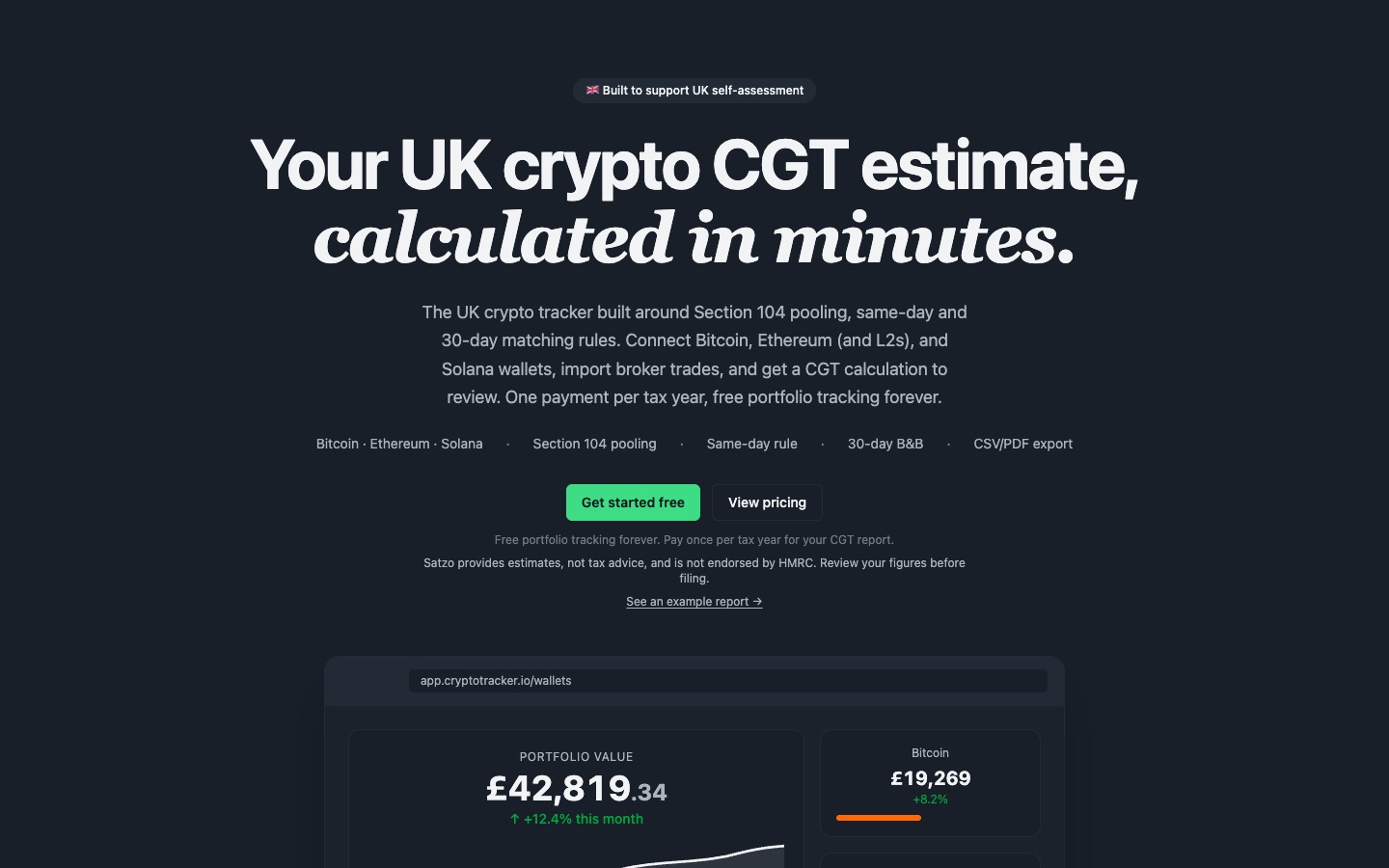 Satzo homepage showing UK crypto CGT estimate calculator with portfolio preview