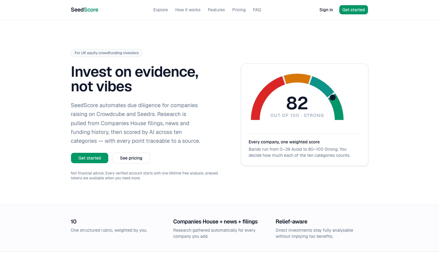SeedScore homepage showing AI-scored due diligence with a score of 82 out of 100